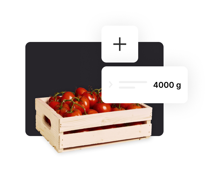 Eine Kiste mit Tomaten. Daneben eine Anzeige über den Bestand, wie er in Lightspeed Inventory auftaucht.