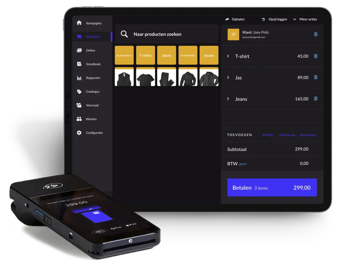 Ein Tablet, auf dem Lightspeed Retail zu sehen ist, und ein Zahlungsterminal.