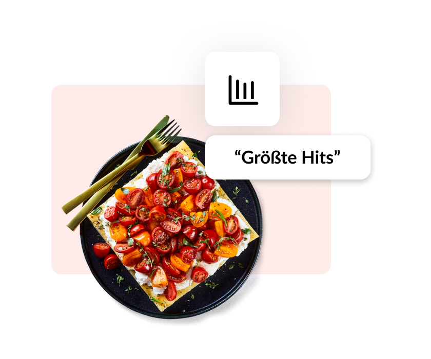 Ein beispielhaftes Gericht aus einem Restaurant. Daneben ein Diagramm und die Überschrift "Größte Hits", symbolhaft für die Advanced Insights Anwendung des Lightspeed Kassensystems.