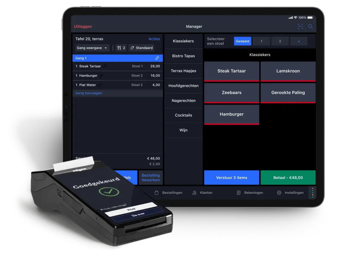 Ein Tablet, auf dem Lightspeed Restaurant zu sehen ist, und ein Zahlungsterminal.