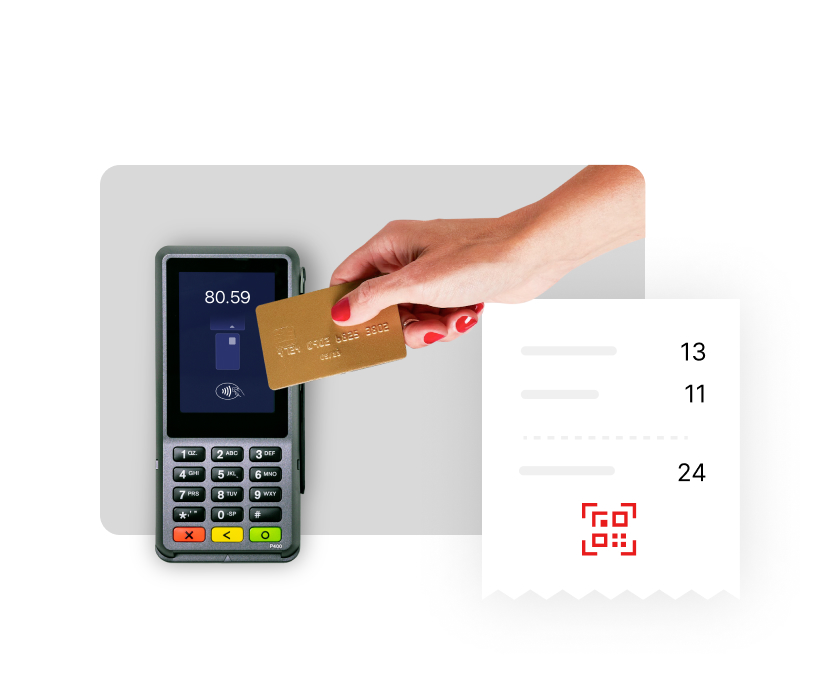 Das Zahlungsterminal eines Restaurants, sowie ein beispielhafter Beleg eines Kassensystems.